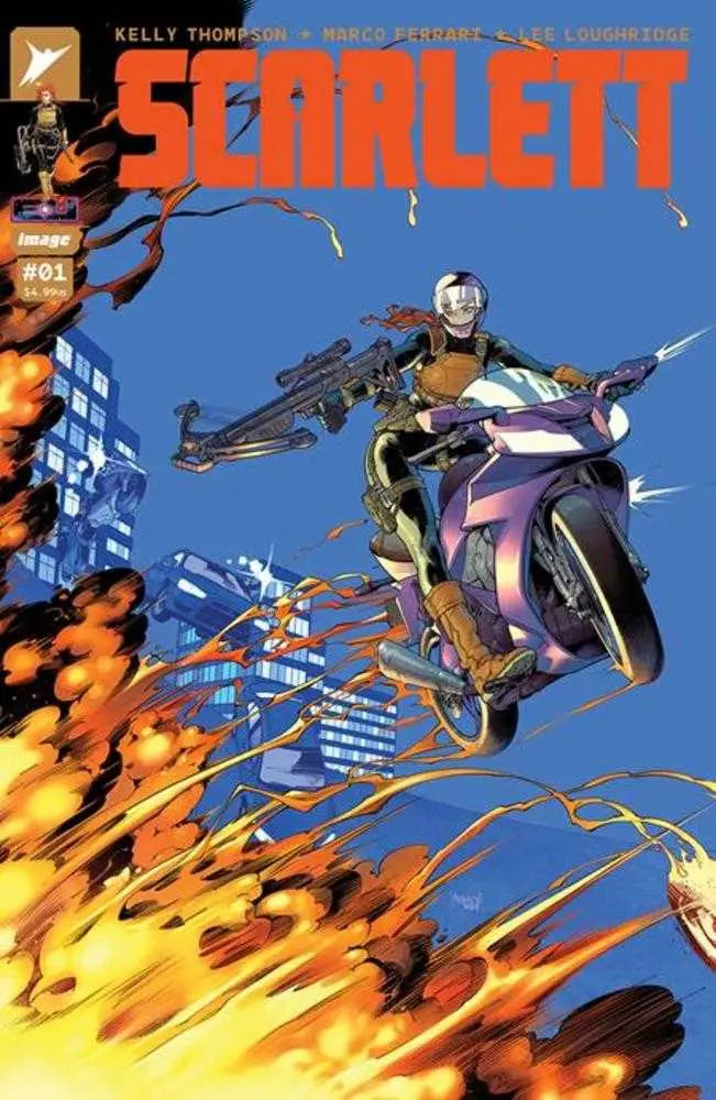 Comic book cover of Scarlett #1 with motorcycle rider leaping through flames, weapon in hand