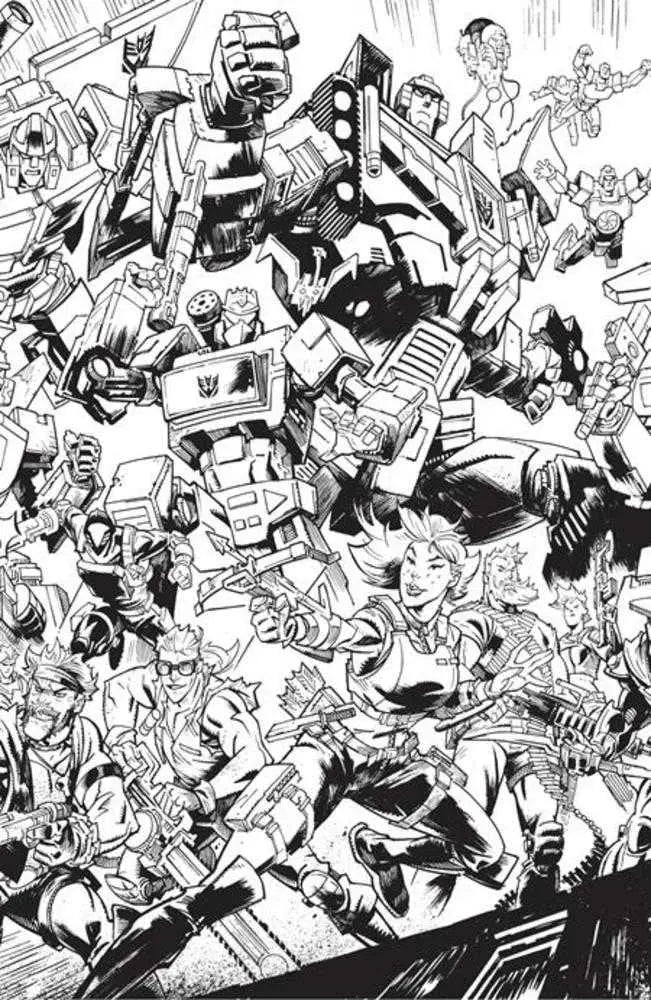 Black and white comic artwork of Transformers battle scene for Scarlett #1 Anniversary Variant
