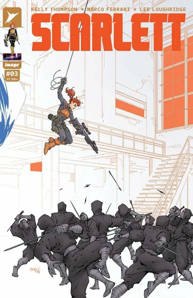 Comic book cover of Scarlett #3 features hero in red costume swinging above attackers