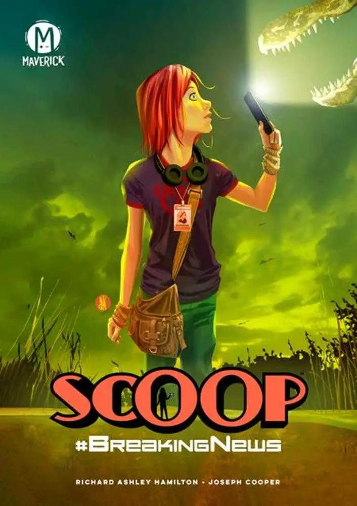 Stylized illustration of a red-haired character with a microphone for Scoop TPB trading cards