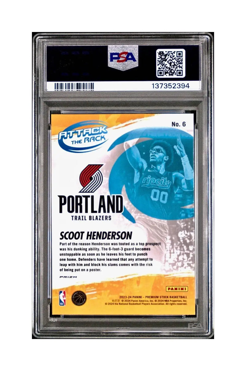 Scoot Henderson 2023 Panini Hoops Premium Attack the Rack #6 Disco Prizm PSA 10