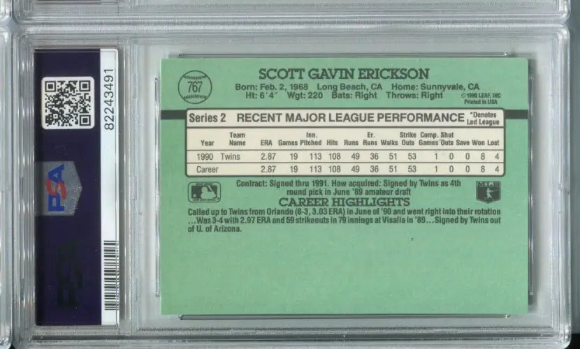 Scott Erickson RC Signed Minnesota Twins 1991 Donruss #767 PSA 8 DNA 9 Auto - Baseball Card Single