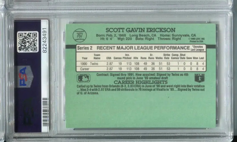 Scott Erickson RC Signed Minnesota Twins 1991 Donruss #767 PSA 8 DNA 9 Auto - Baseball Card Single