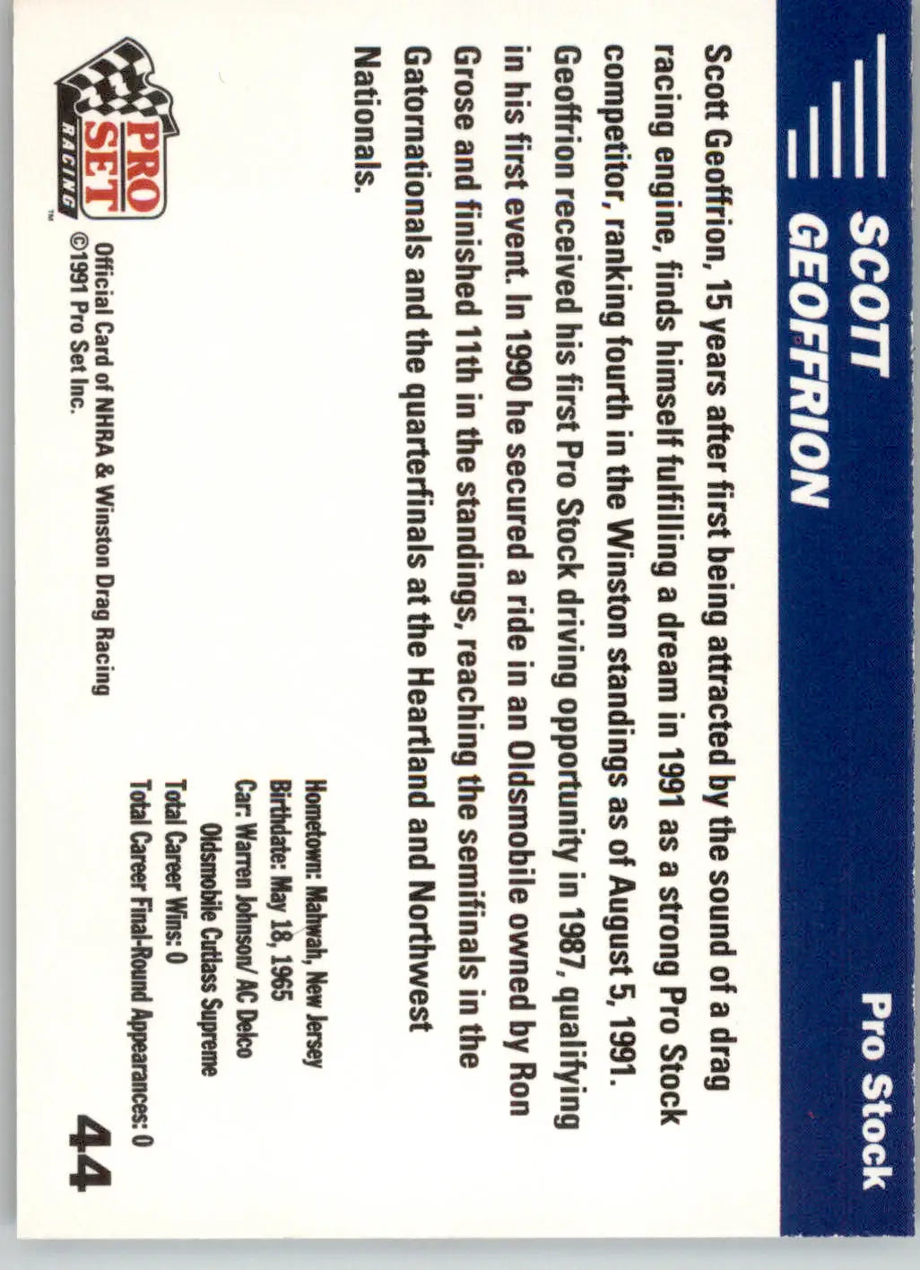 Scott Geoffrion - 1991 Pro Set NHRA - #44 - Racing - Racing Card Single