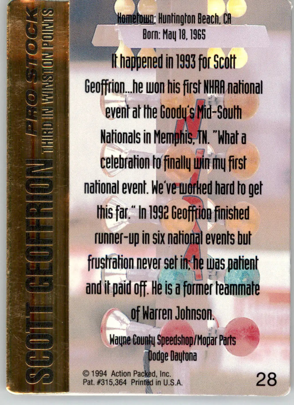 Scott Geoffrion - 1994 Action Packed NHRA - #28 - Racing