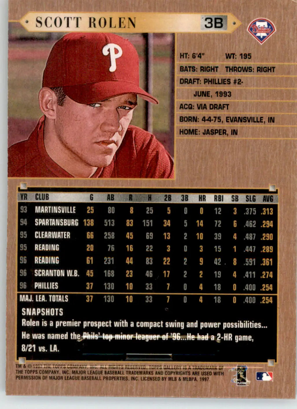 Scott Rolen - 1997 Topps Gallery - #154 - Baseball - Baseball Card Single
