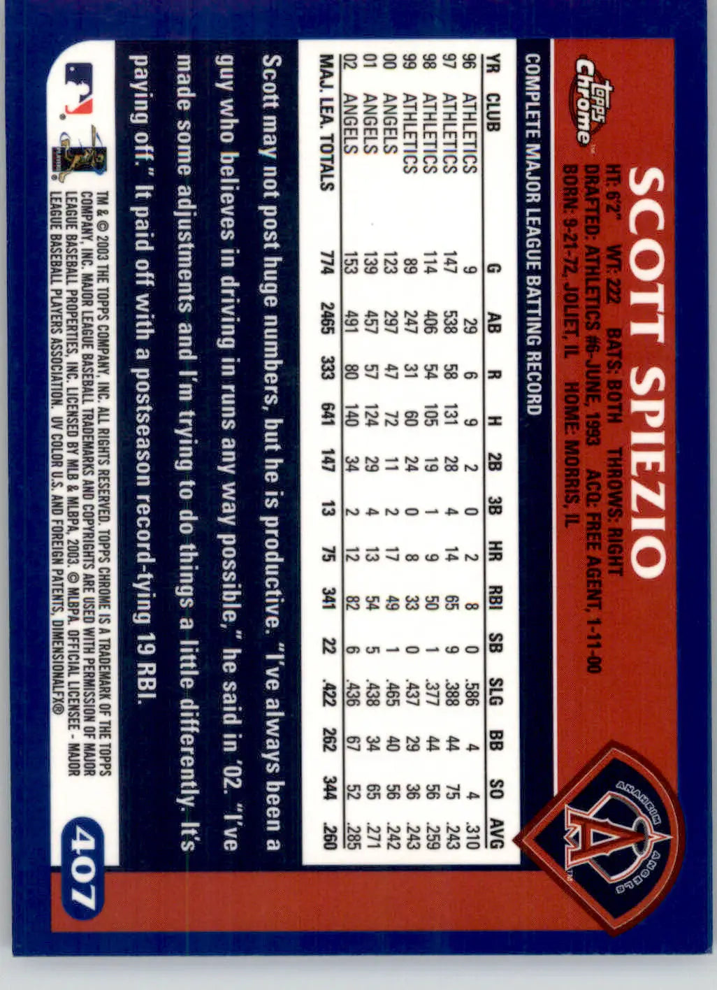 Scott Spiezio - 2003 Topps Chrome - #407 - Baseball - Baseball Card Single
