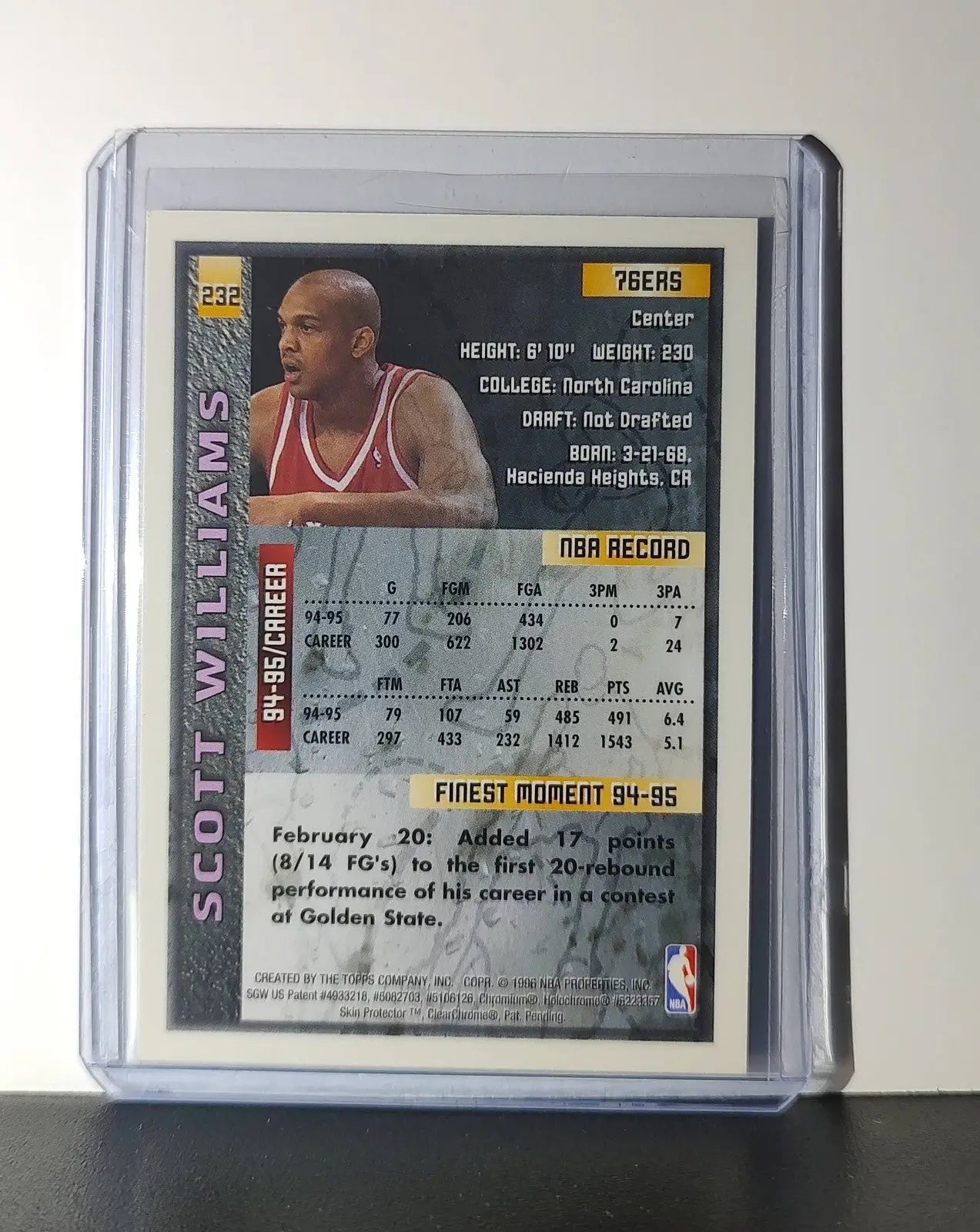 Scott Williams 1995-96 Topps Finest NBA #232 Card 76ers - Basketball Card Single