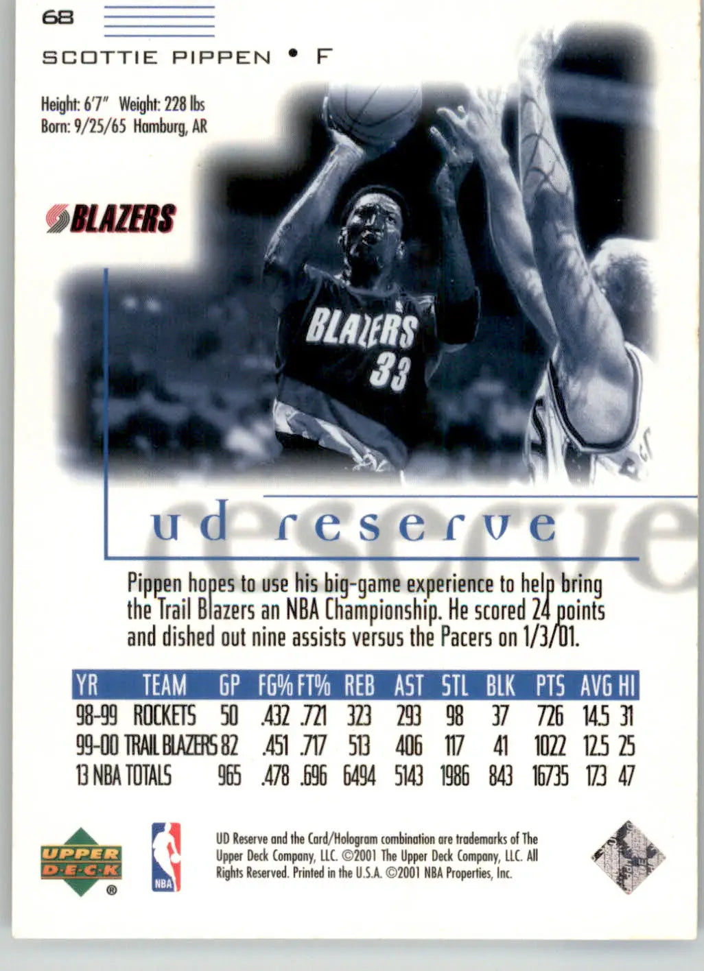 Scottie Pippen - 2000-01 UD Reserve - #68 - Basketball - Basketball Card Single