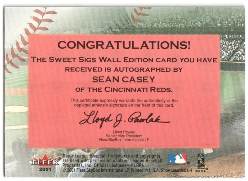 Autographed Sean Casey baseball card certificate for SEAN CASEY 2001 Fleer Showcase Sweet Sigs
