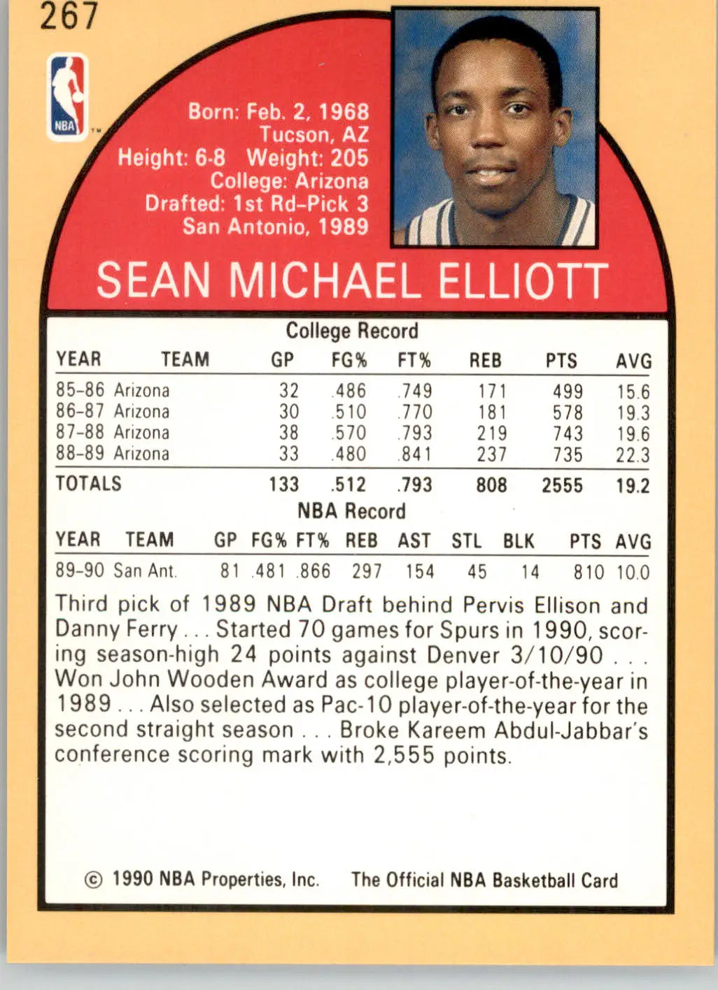 Sean Elliott - 1990-91 Hoops - #267 - RC Basketball - Basketball Card Single