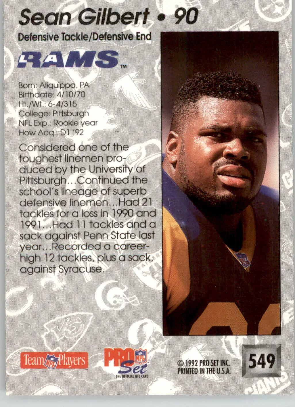 Sean Gilbert - 1992 Pro Set - #549 - RC Football - Football Card Single