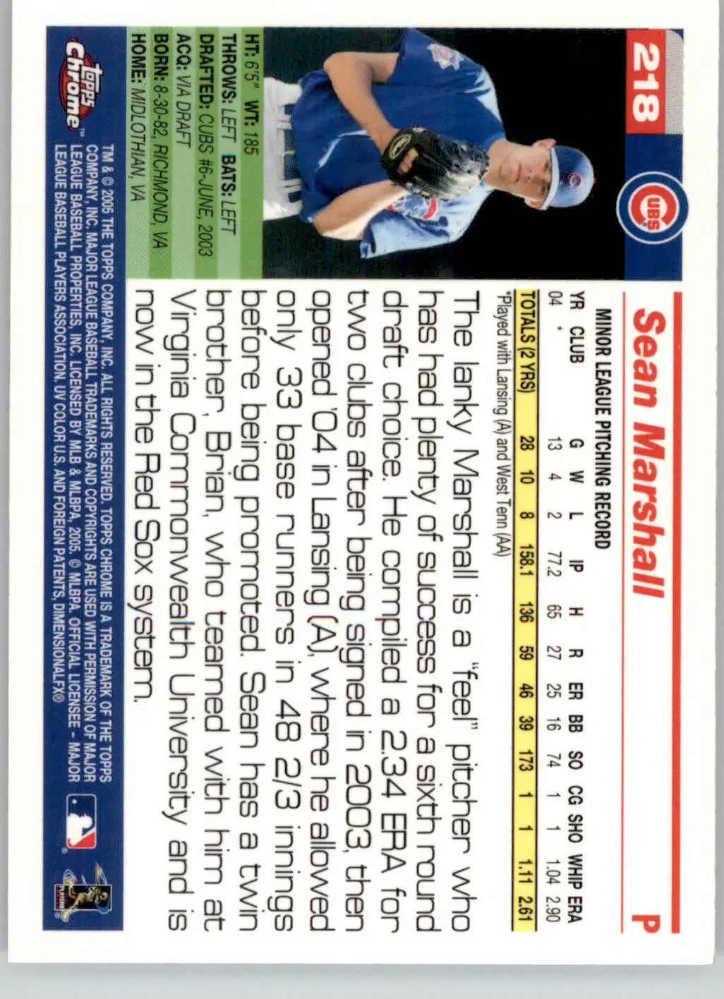 Sean Marshall - 2005 Topps Chrome - #218 - RC Baseball - Baseball Card Single