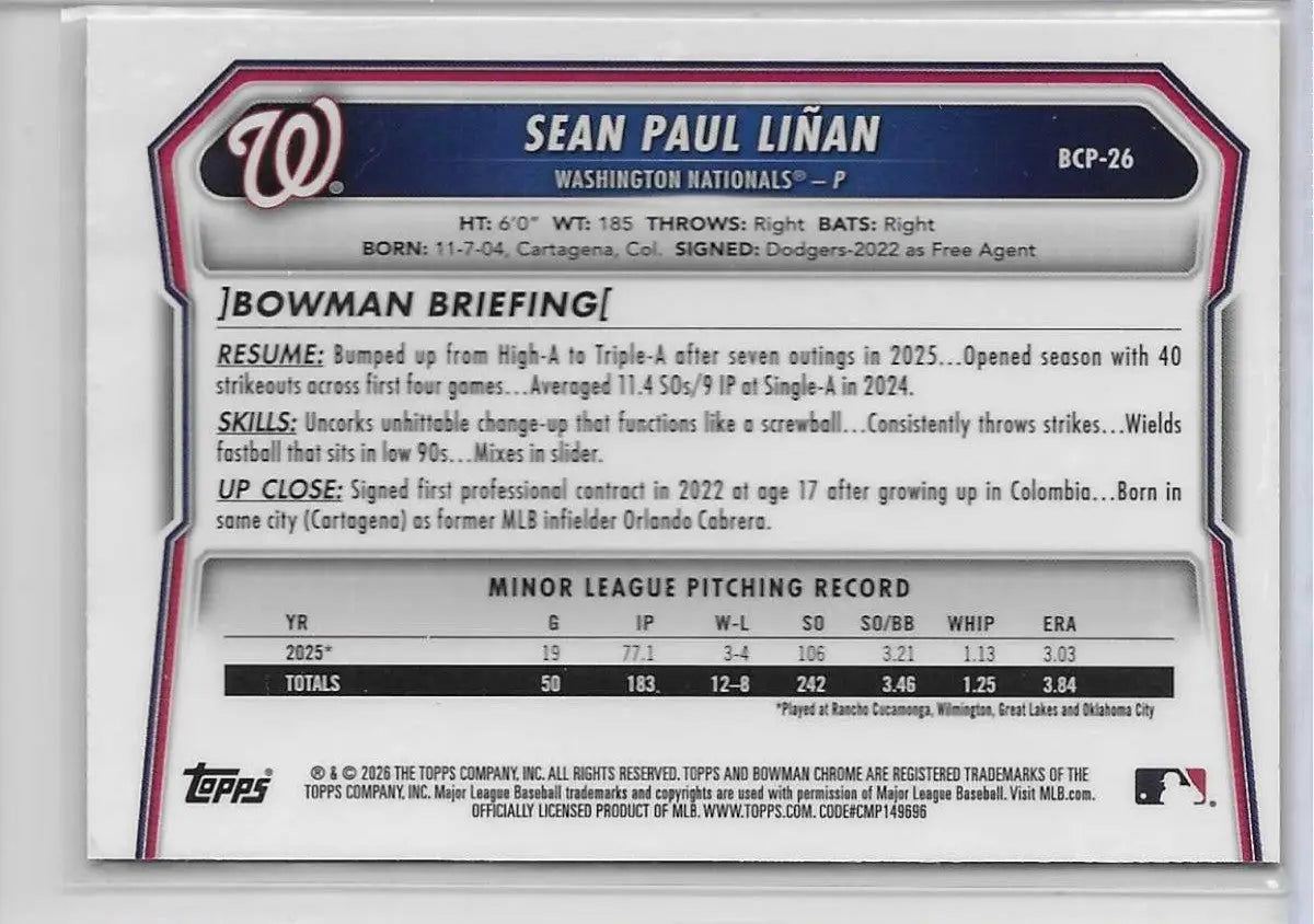 Sean Paul Linan 2026 Bowman Chrome Baseball #BCP-26 Mojo Refractor (1309) - Baseball Card Single