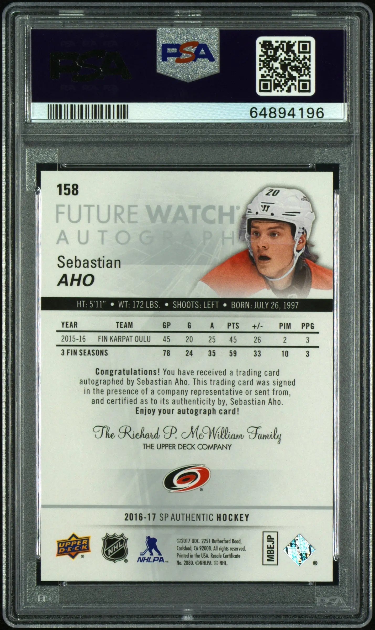 Sebastian Aho 2018 SP Authentic Autograph #158 PSA 9 Auto 10 - Hockey Card Single