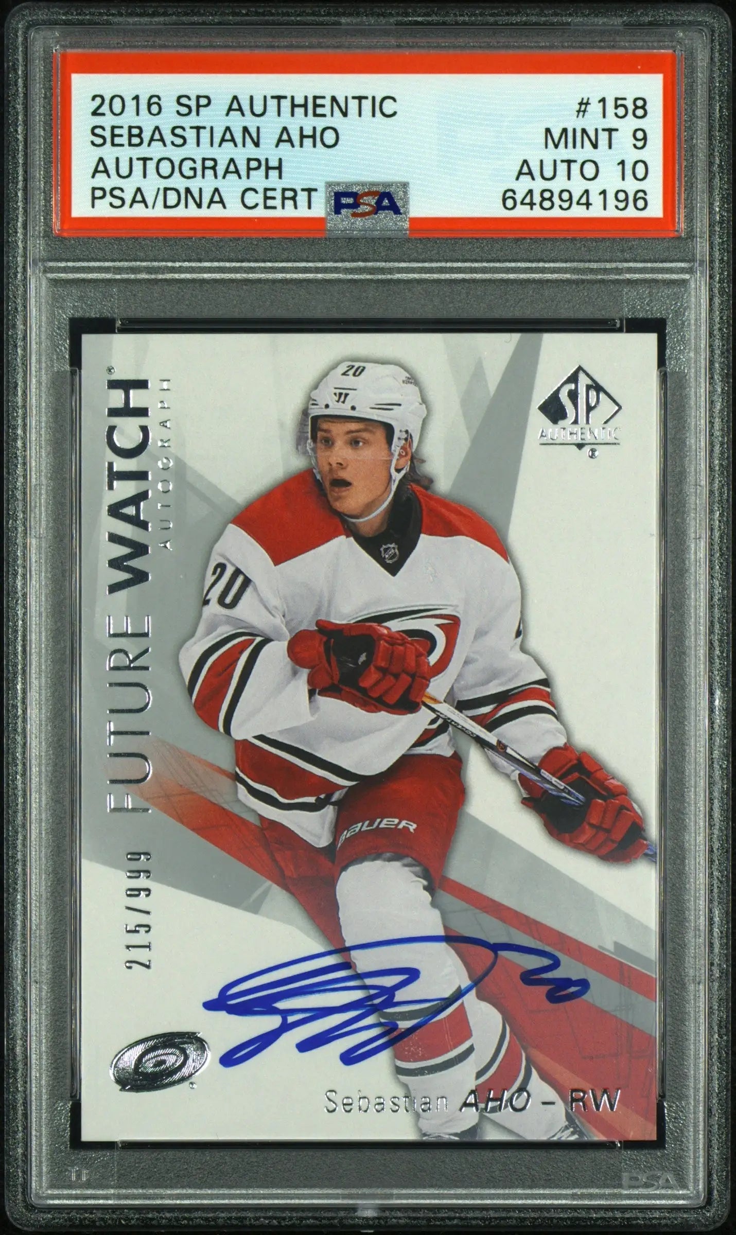 Sebastian Aho 2018 SP Authentic Autograph #158 PSA 9 Auto 10 - Hockey Card Single