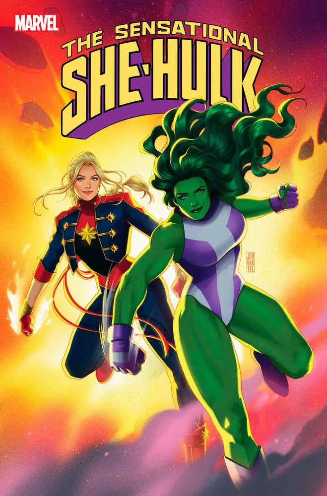 Comic book cover of She-Hulk and Captain Marvel showcasing action in Marvel Universe
