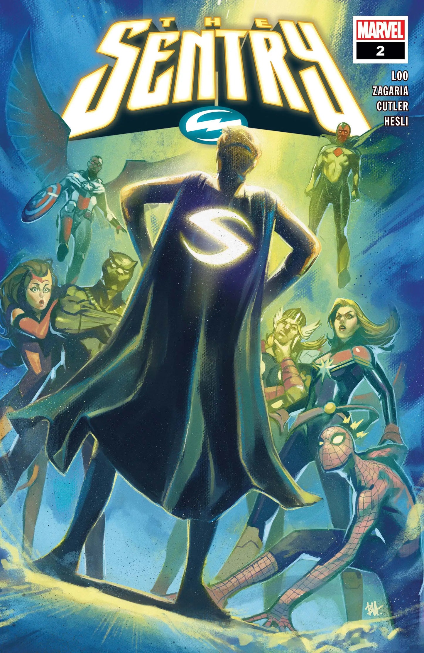 Comic book cover for Marvel Sentry #2 with a glowing S emblem and superhero silhouettes