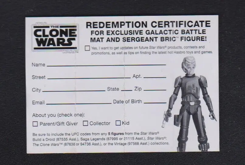 Star Wars Clone Wars Redemption Certificate from Sergeant Bric Galactic Battle Mat 2010