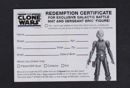 Star Wars Clone Wars Redemption Certificate from Sergeant Bric Galactic Battle Mat 2010