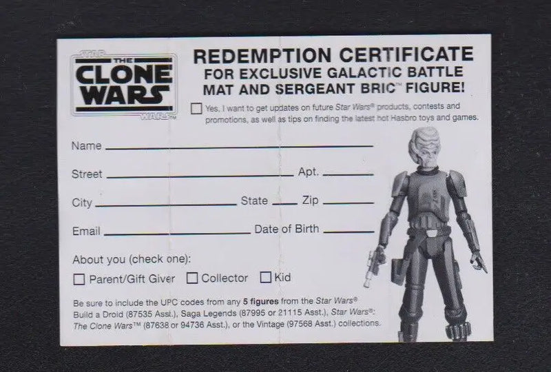 Star Wars Clone Wars Redemption Certificate from Sergeant Bric Galactic Battle Mat 2010