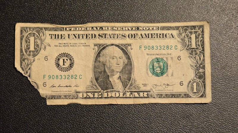 Series 2013 $1 One Dollar Bill Atlanta F - Circulated Damaged Note - Coins & Currency