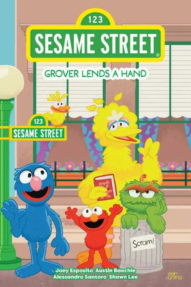 Sesame Street Grover Lends A Hand hardcover comic book cover featuring Sesame Street characters