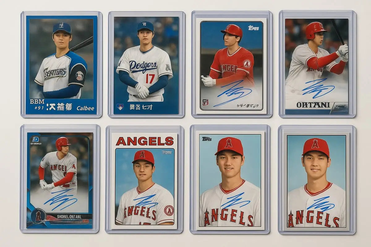 Eight autographed Ohtani rookie cards in Angels Dodgers sleeves
