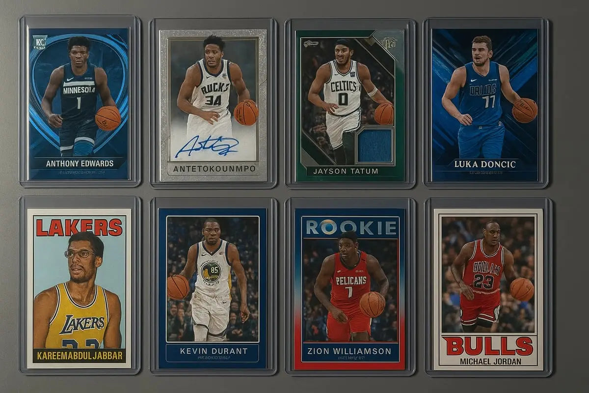 Set of 8 NBA cards featuring Edwards, Antetokounmpo, Tatum, Doncic, Abdul-Jabbar, Durant, Williamson, Jordan