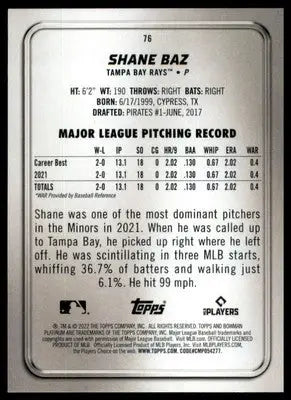Shane Baz Rookie 2022 Bowman Platinum #76 Tampa Bay Rays - Baseball Card Single
