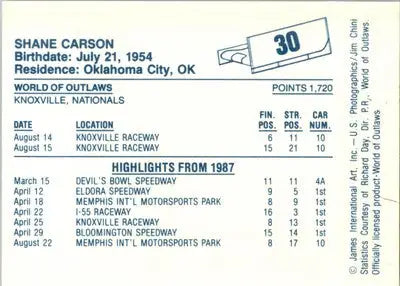 Shane Carson - 1987 World of Outlaws - #30 - Racing - Racing Card Single