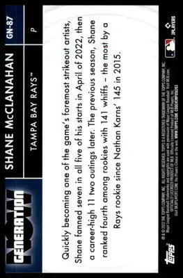 Shane McClanahan 2022 Topps Update Generation Now #GN-87 Tampa Bay Rays - Baseball Card Single
