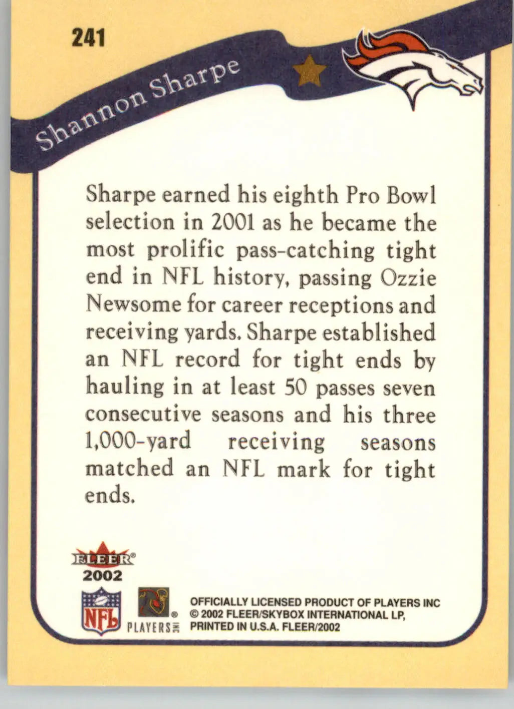 Shannon Sharpe - 2002 Fleer - #241 - Football - Football Card Single