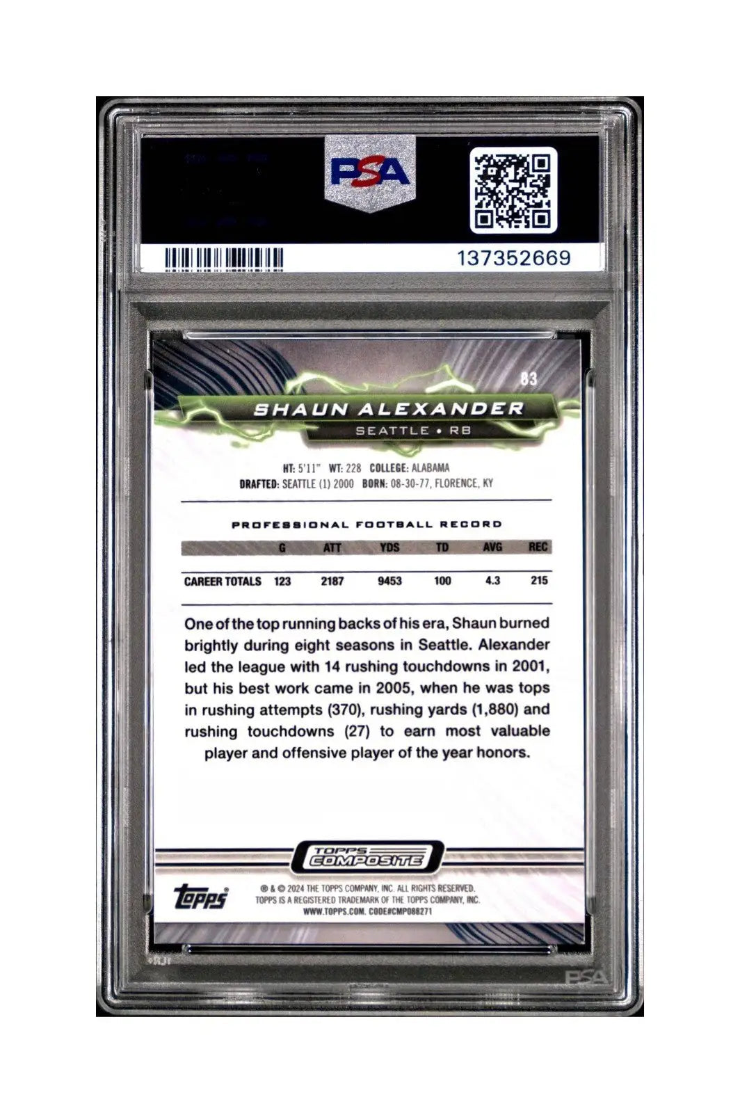 Shaun Alexander 2023 Topps Resurgence 071/200 #83 Yellow Surge PSA 9 Mint