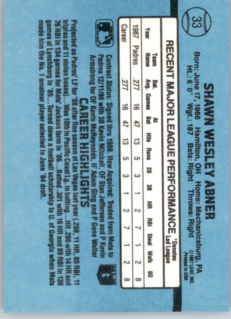 Shawn Abner - 1988 Donruss - #33 - Baseball