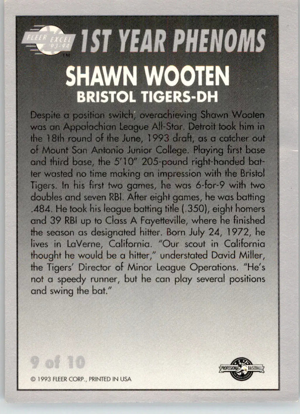 Shawn Wooten - 1993-94 Fleer Excel - #9 - First Year Phenoms Baseball - Baseball Card Single