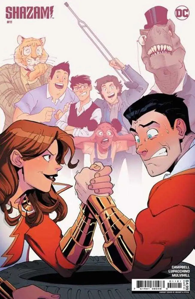 Comic book cover of Shazam #11 with dinosaur in a top hat and arm wrestling match