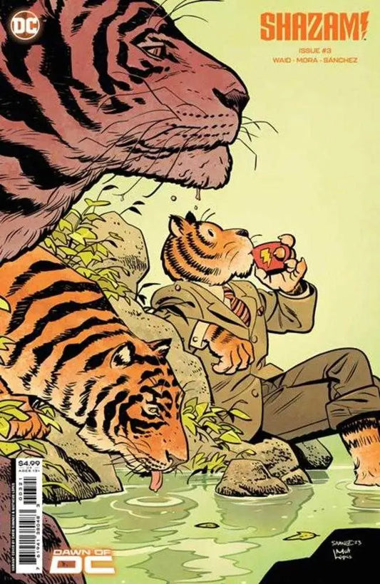 Comic book cover of Shazam #3 featuring tigers drinking, ideal for trading cards