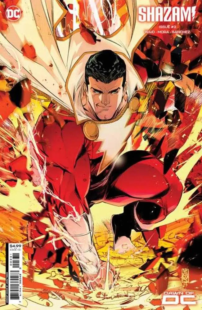 Superhero in red costume bursting with energy on Shazam #3 Card Stock Variant