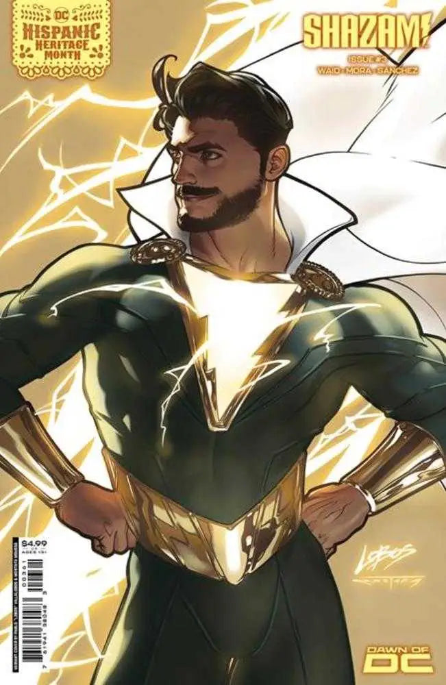 Superhero in dark green and gold costume on Shazam #3 Hispanic Heritage Month trading card