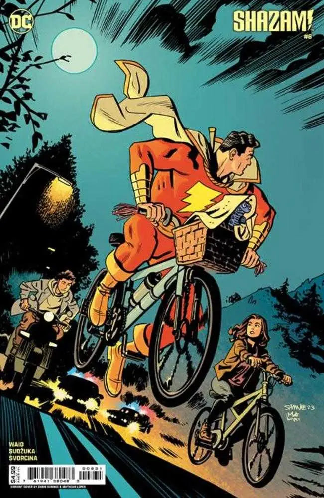 Shazam biking at night with cyclists on Shazam #8 Cover C Chris Samnee trading cards