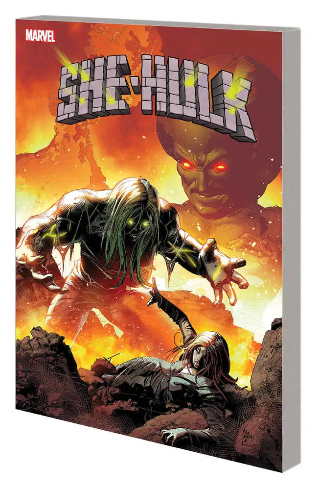 Comic book cover of Jen Walters as She-Hulk leaping against fiery background