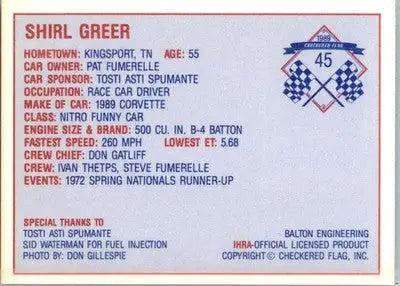 Shirl Greer - 1989 Checkered Flag IHRA - #45 - Racing - Racing Card Single