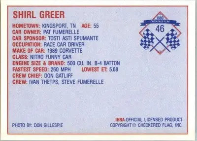 Shirl Greer - 1989 Checkered Flag IHRA - #46 - Racing - Racing Card Single