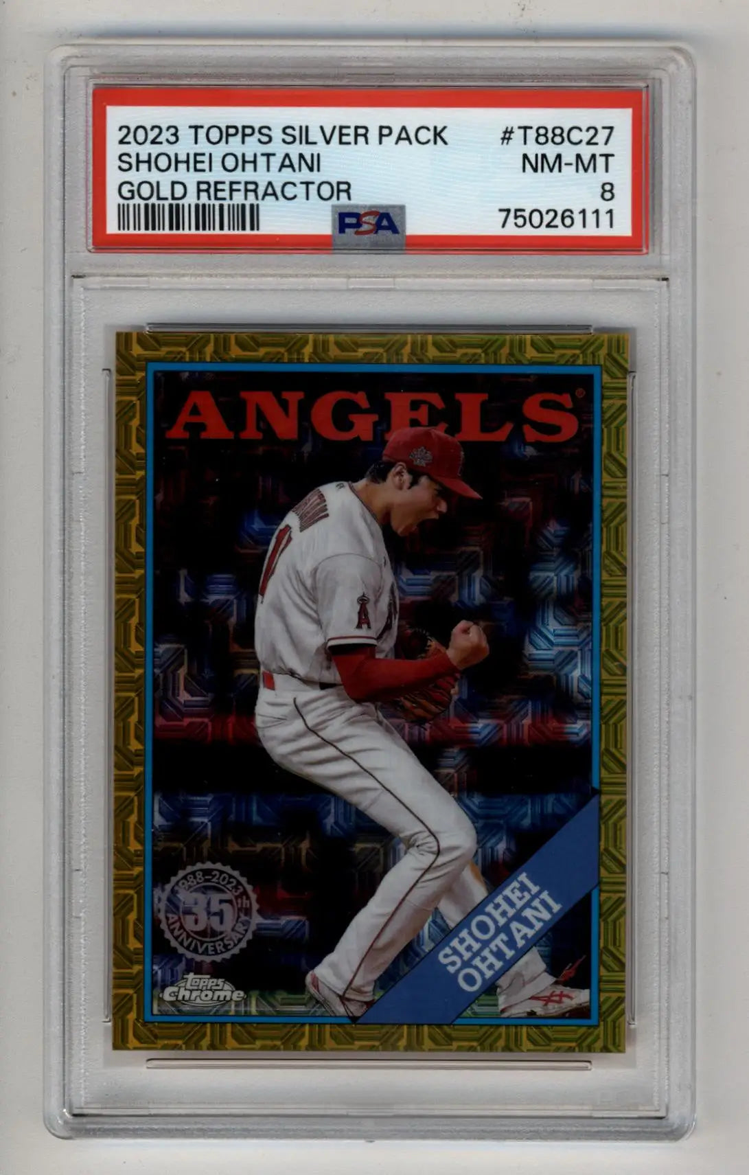 Shohei Ohtani 2023 Topps Silver Pack Gold Refractor baseball card 32/50 PSA 8