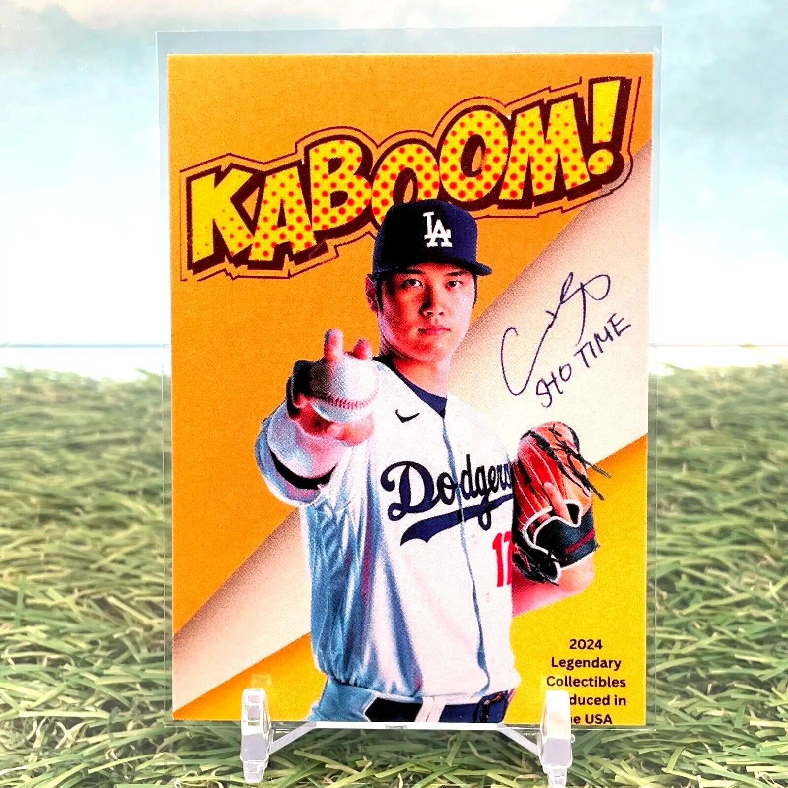 Shohei Ohtani Dodgers card with KABOOM text on an orange cracked ice background