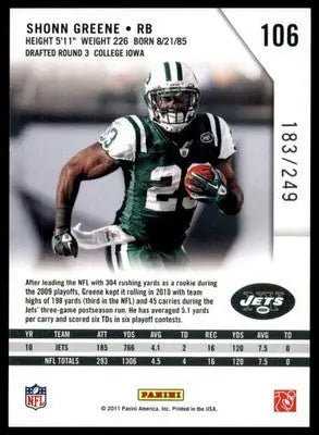 Shonn Greene 2011 Panini Rookies & Stars Longevity /249 #106 New York Jets - Football Card Single
