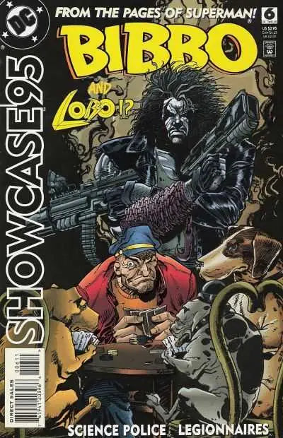 Comic book cover of Showcase 95 #6 featuring Bibbo, Lobo, and alien canines