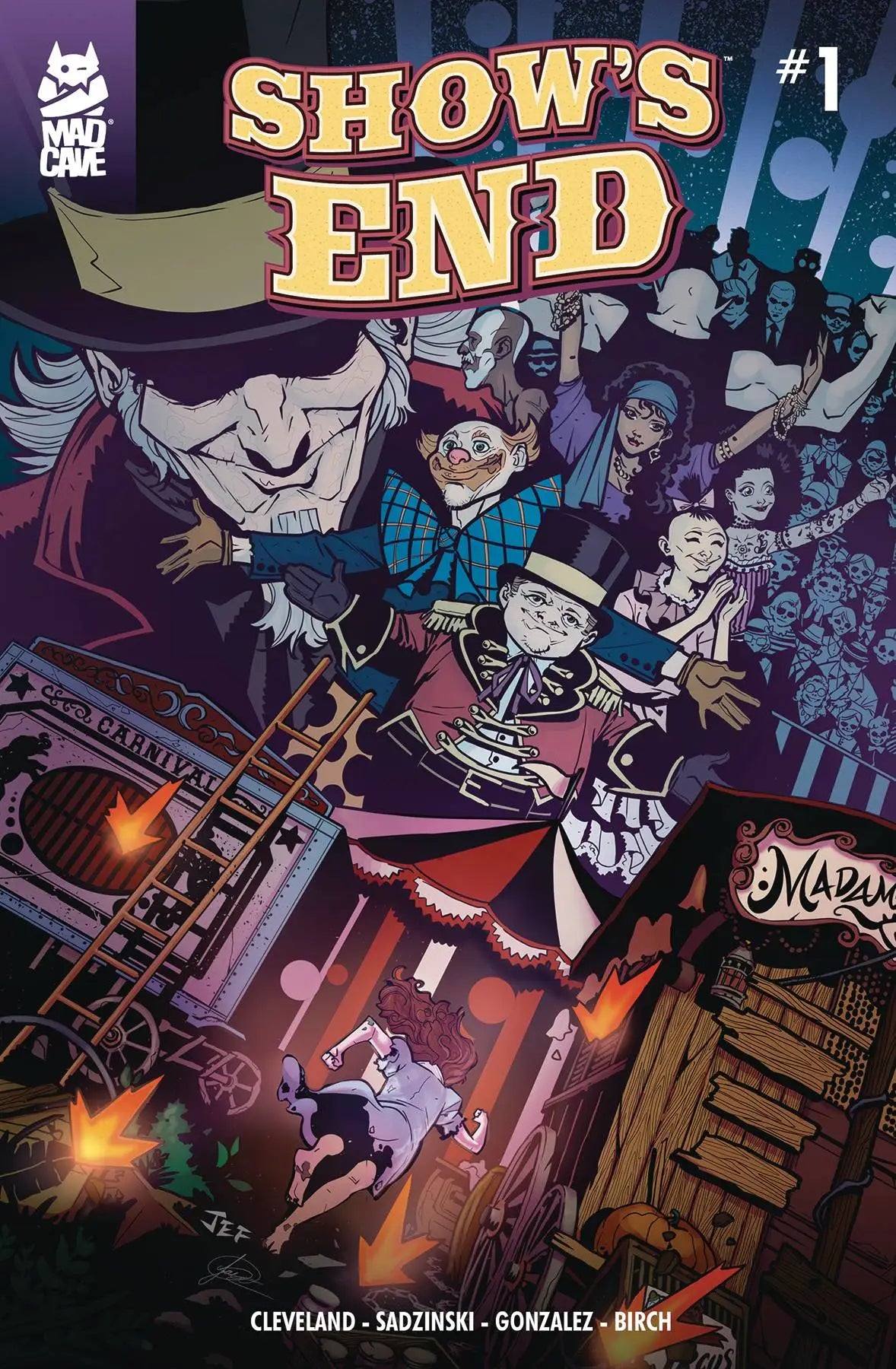 Comic book cover for Show’s End #1 showcasing circus performers in a dark setting