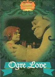 Book cover with fantasy characters in embrace on Shrek the Third case topper card